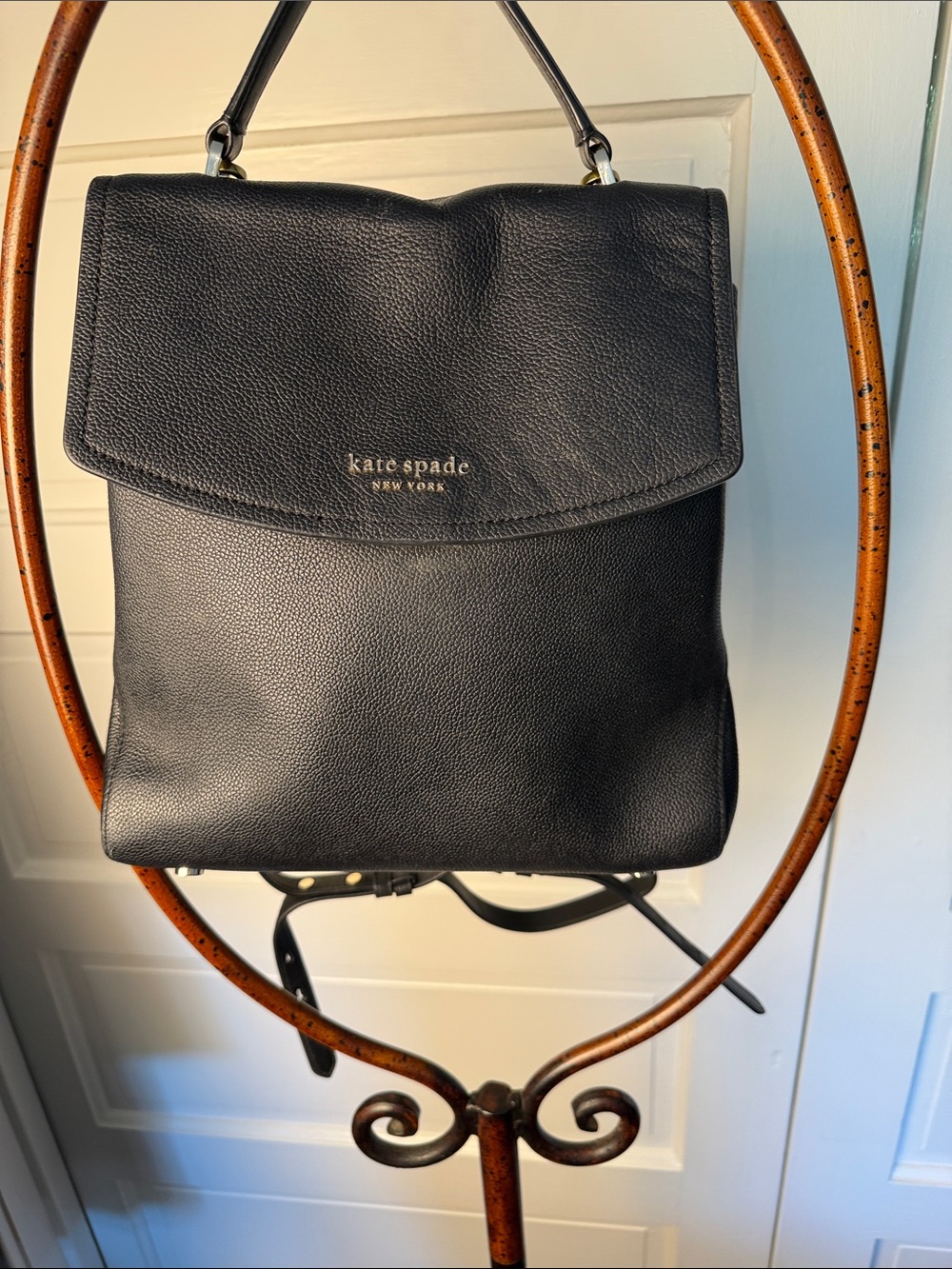 Kate Spade Leila Medium Flap Backpack Black Pebbled Leather WKR00327